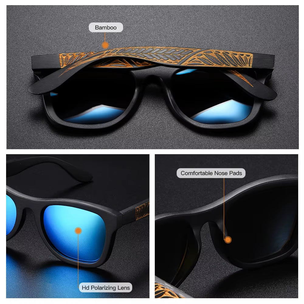 GM Handmade Black Bamboo Wooden Frame Sunglasses for Women Men Polarized Vintage Bamboo Wooden Sun Glasses