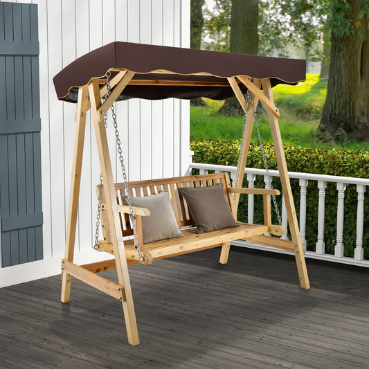 2-Seater Wooden Garden Swing Chair with Adjustable Canopy and Metal Chain