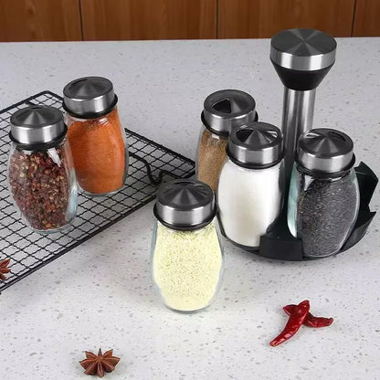 Rotating Spice Jar Set with Rack – 1/7 Pcs Glass Seasoning Bottle Organizer for Kitchen Storage, Salt, Pepper, Sugar Shakers