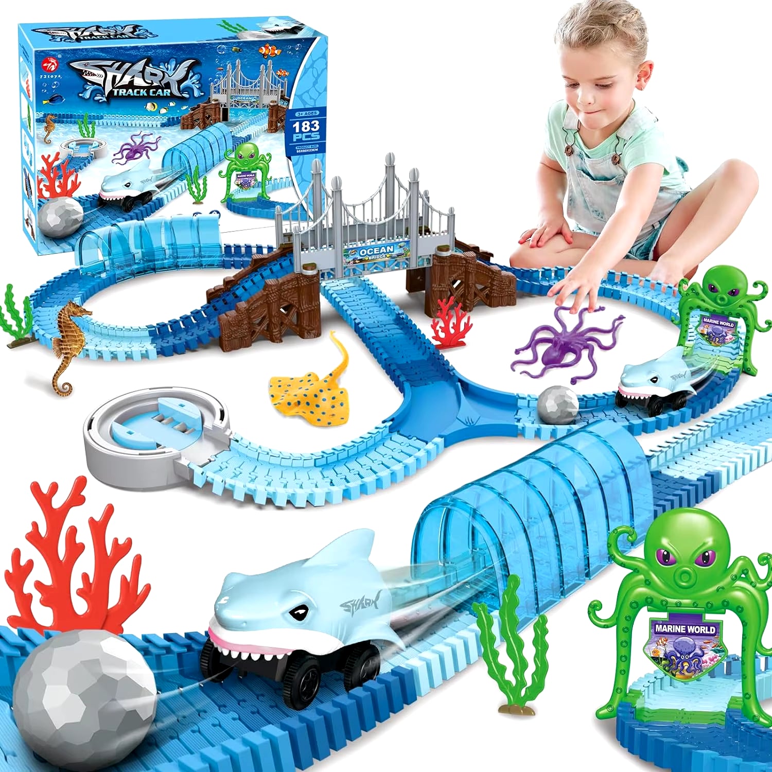 VATOS Track Toys Shark Race Car Toy for Boys Girls Age 3+ Bendable Flexible Racetrack Cars Ocean Train Toy STEM Educate Kid Set