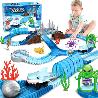 VATOS Track Toys Shark Race Car Toy for Boys Girls Age 3+ Bendable Flexible Racetrack Cars Ocean Train Toy STEM Educate Kid Set