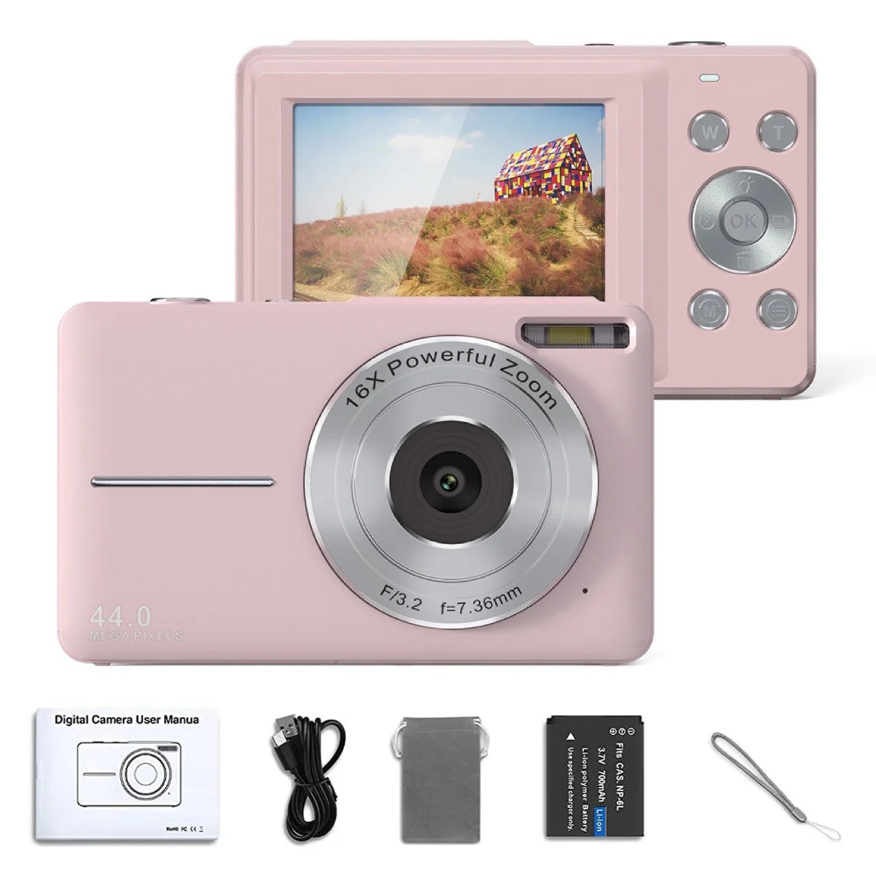 HD 1080P Digital Camera – Compact 44MP Camera with 2.4-Inch LCD Screen, 16X Zoom, and Rechargeable Battery