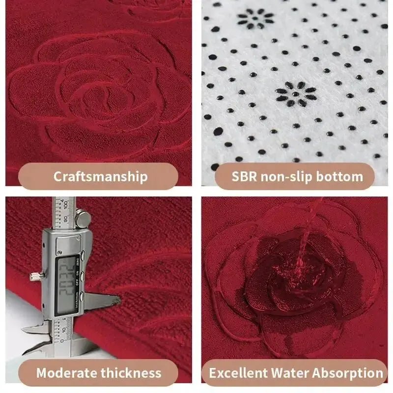 1Pc Bath Rugs Rose Flower Embossed Bathroom Bath Mat Flannel Non-Slip Carpet Bathtub Floor Rug Shower Room Doormat Mat for Bathr