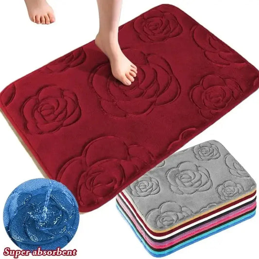 1Pc Bath Rugs Rose Flower Embossed Bathroom Bath Mat Flannel Non-Slip Carpet Bathtub Floor Rug Shower Room Doormat Mat for Bathr