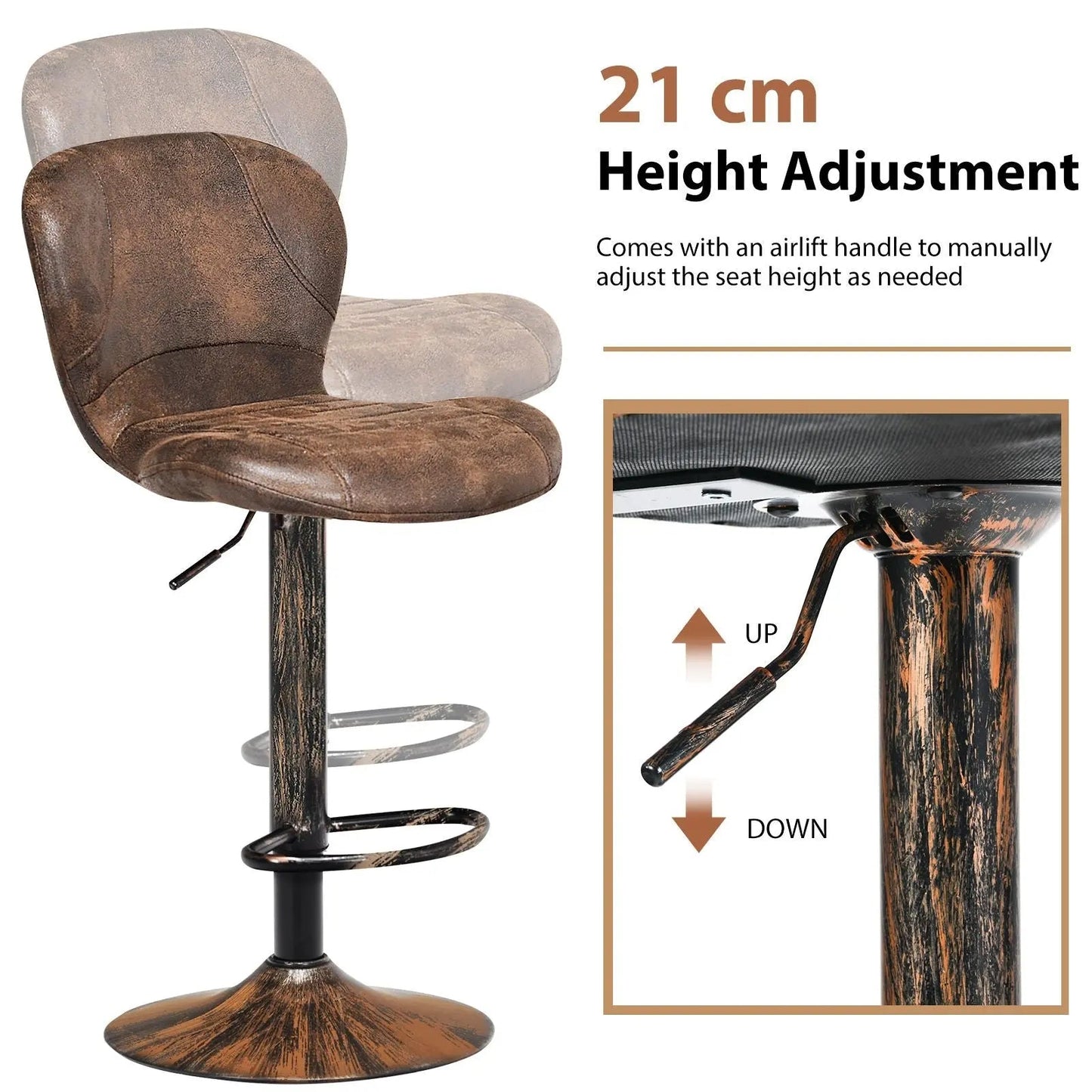 2 Pieces Leather Bar Stool with Adjustable Height and Swivel Gas Lift - DynamicDrop Hub