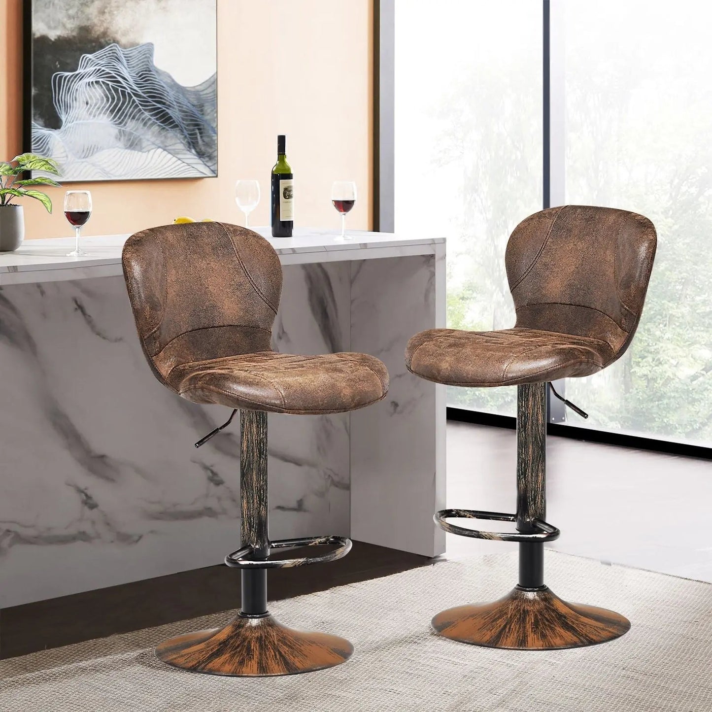 2 Pieces Leather Bar Stool with Adjustable Height and Swivel Gas Lift - DynamicDrop Hub