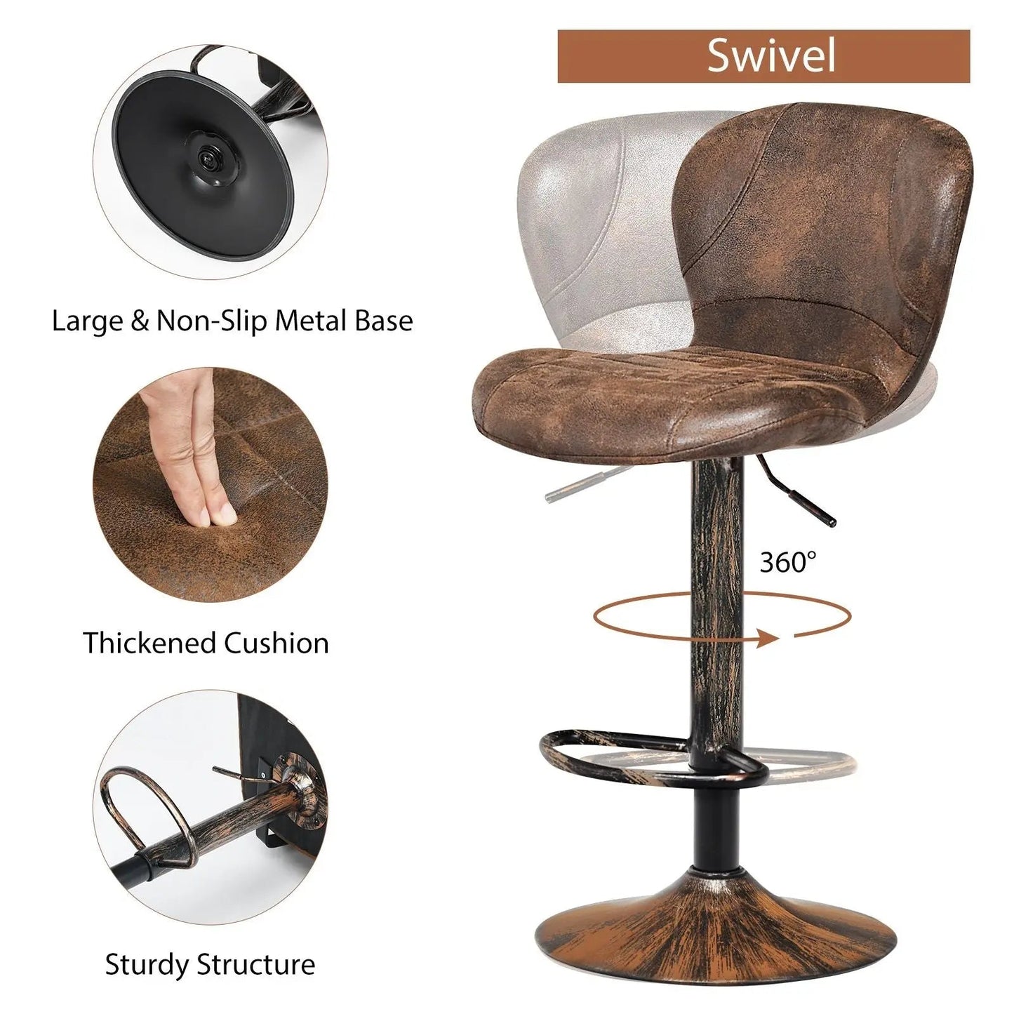 2 Pieces Leather Bar Stool with Adjustable Height and Swivel Gas Lift - DynamicDrop Hub