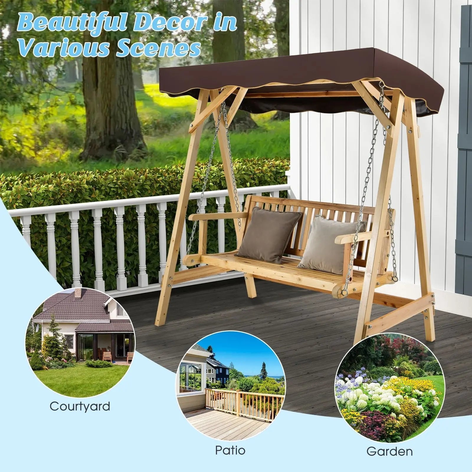 2 - Seater Wooden Garden Swing Chair with Adjustable Canopy and Metal Chain - DynamicDrop Hub