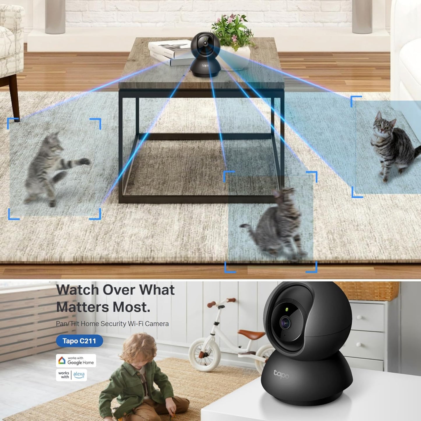 Indoor Camera for Security, Wifi Camera, 2K 3MP, 360° Baby and Pet Monitor, CCTV, AI, Smart Motion Detection & Tracking, Night Vision, Works with Alexa & Google Home, Elegance Black ( C211)