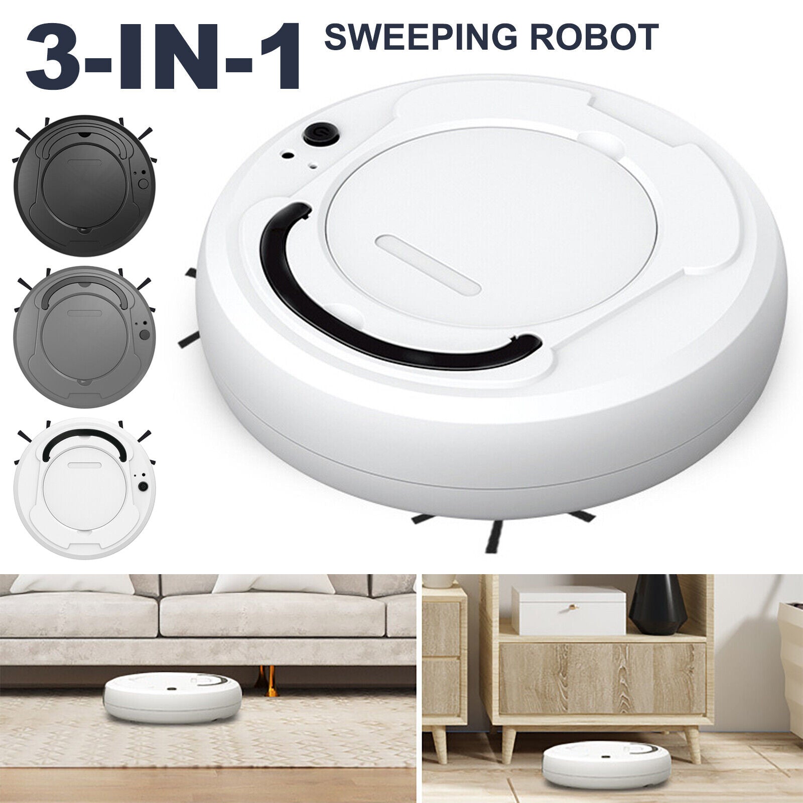 Smart 3-in-1 Robotic Vacuum Cleaner – Slim Design, USB Charging, 90-Min Runtime