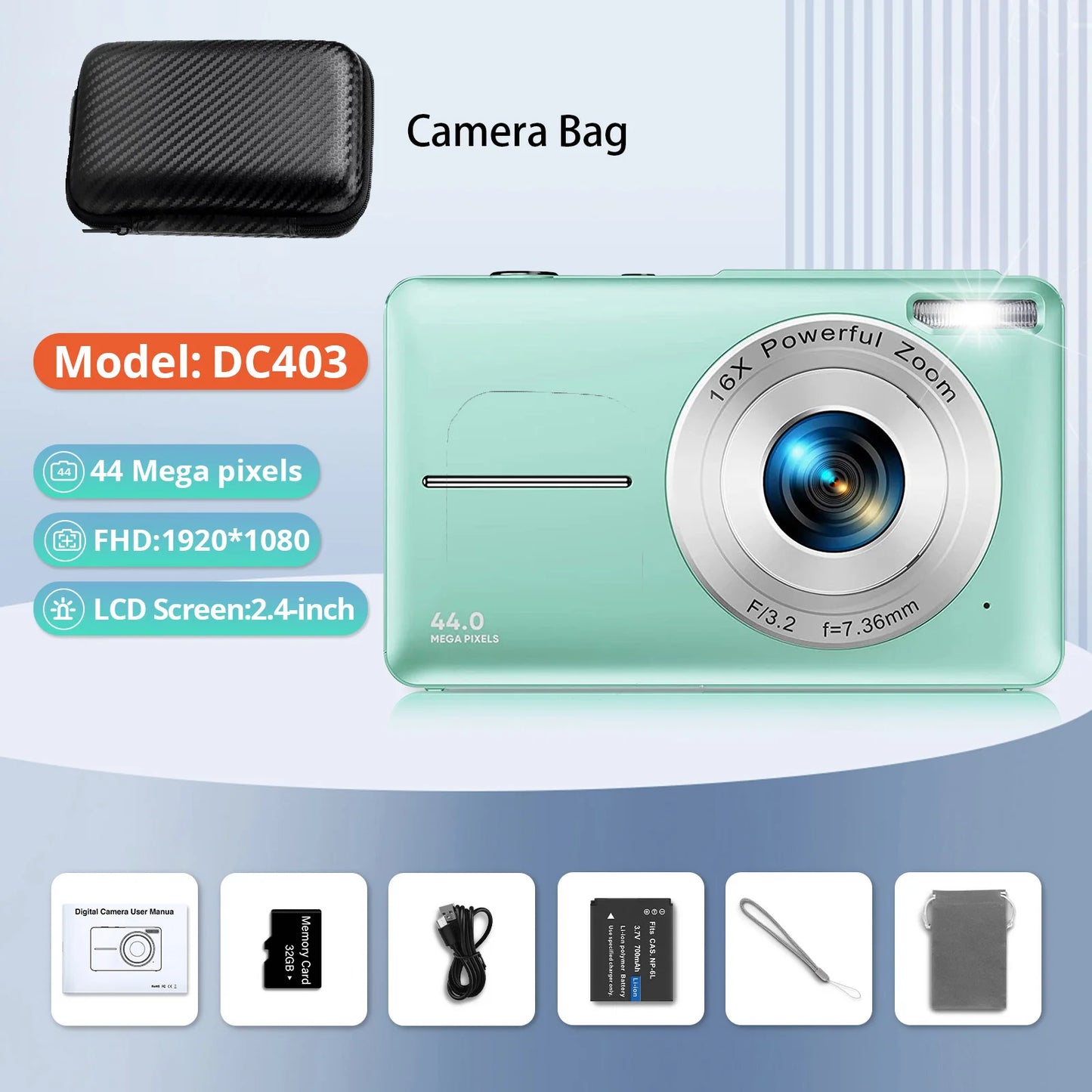 HD 1080P Digital Camera – Compact 44MP Camera with 2.4-Inch LCD Screen, 16X Zoom, and Rechargeable Battery