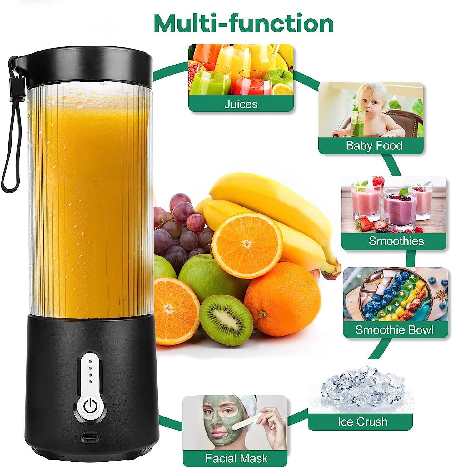 450Ml Portable Blender Juicer Cup, Bpa-Free USB Rechargeable Fruit Smoothie Mixer