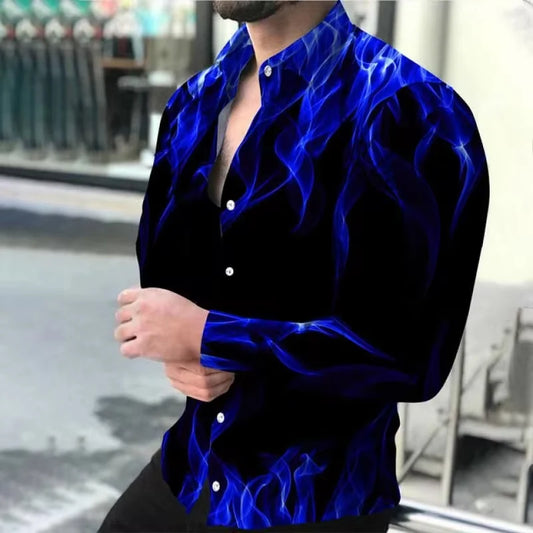 Fashion New Men Shirts Turn-Down Collar Buttoned Shirt Spring and Autumn Casual Flame Print Long Sleeve Tops Mens Clothes