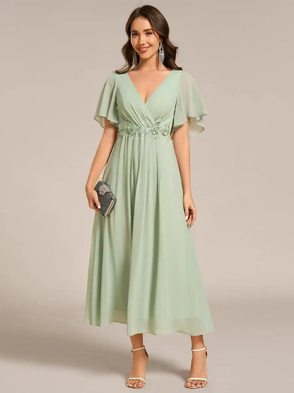 Mint Green Formal Evening Dress – Deep V-Neck Applique Ruffle Tea-Length Gown with Short Sleeves (Wedding Guest Dress, Corporate Event, Office Dress-Up)