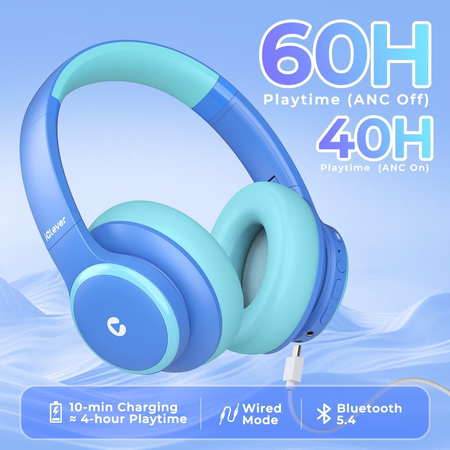 BTH26 Active Noise Cancelling Headphones for Kids, 60H Play Time, Safe Volume 80Dba, Type C Fast Charging, Bluetooth5.4, Kids Bluetooth Headphones with Mic AUX Cord for Ipad Airplane, Blue