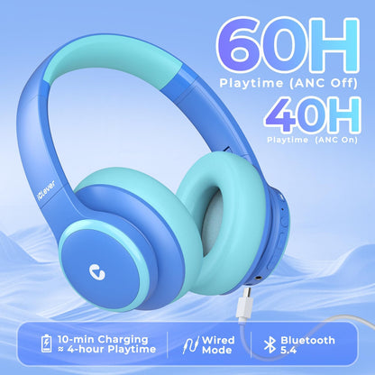 BTH26 Active Noise Cancelling Headphones for Kids, 60H Play Time, Safe Volume 80Dba, Type C Fast Charging, Bluetooth5.4, Kids Bluetooth Headphones with Mic AUX Cord for Ipad Airplane, Blue