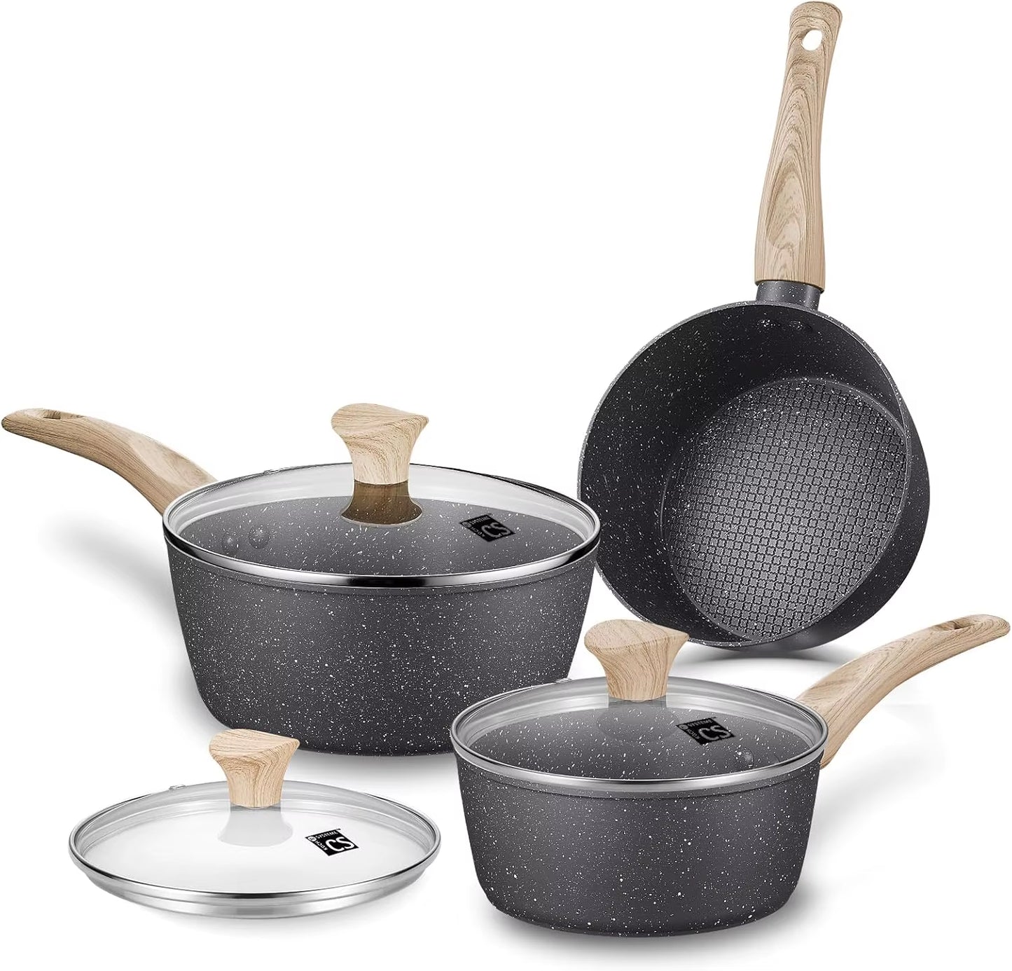 6-Piece Nonstick Saucepan Set with Lids | Non-Toxic Marble Coating & Bakelite Handles