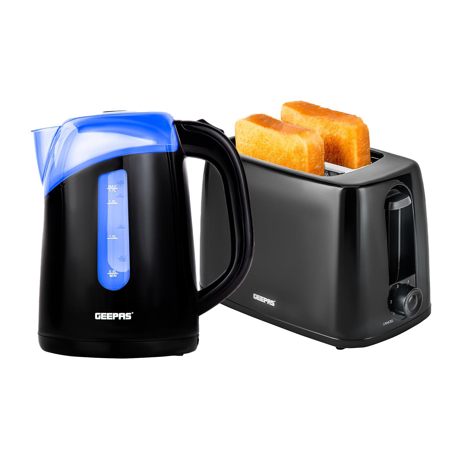 Geepas 650W 2-Slice Toaster & 2200W Illuminating Electric Kettle Combo Set - 1.7L Cordless Jug