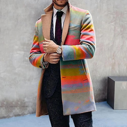 Formal Men's Geometric Pattern Plaid Lapel Trench Coat | Stylish Business Jacket for Fall & Winter