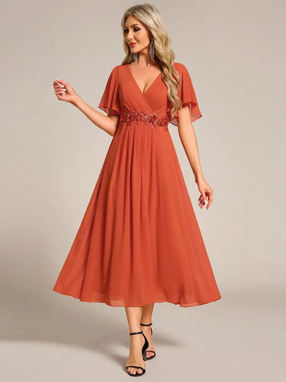 Mint Green Formal Evening Dress – Deep V-Neck Applique Ruffle Tea-Length Gown with Short Sleeves (Wedding Guest Dress, Corporate Event, Office Dress-Up)