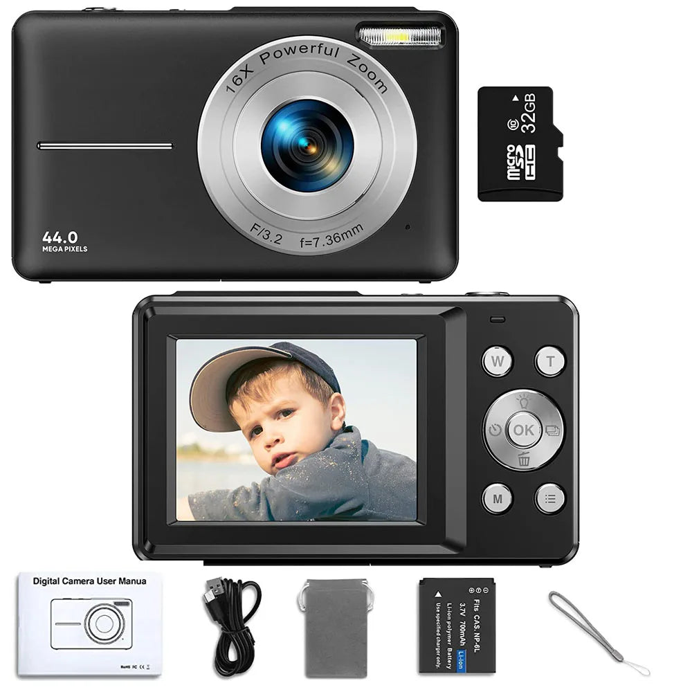 HD 1080P Digital Camera – Compact 44MP Camera with 2.4-Inch LCD Screen, 16X Zoom, and Rechargeable Battery