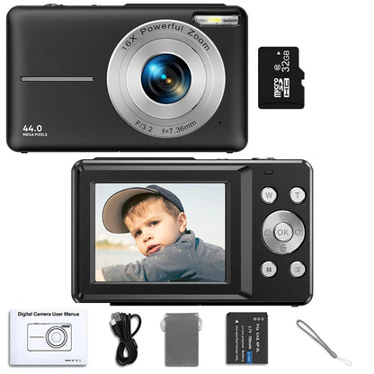 HD 1080P Digital Camera – Compact 44MP Camera with 2.4-Inch LCD Screen, 16X Zoom, and Rechargeable Battery