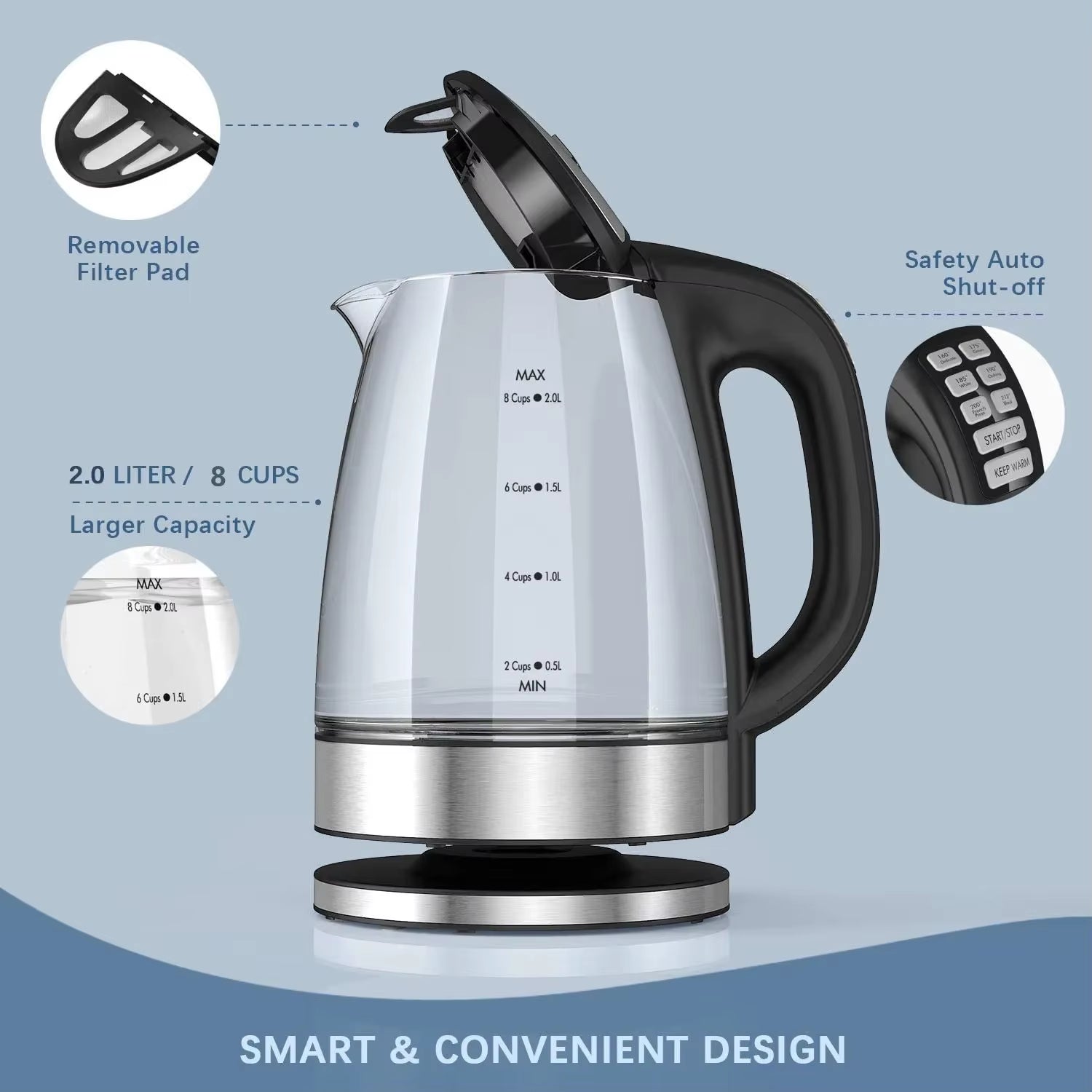 DEVISIB 2L Larger Capacity Electric Kettle Temperature Control 4 Hours Keep Warm 2200W LED Indicator Removable Filter Glass Body