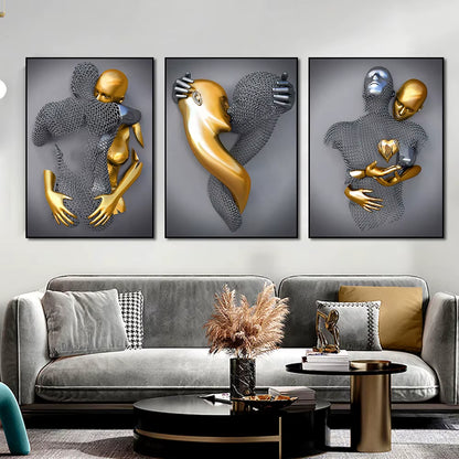 3Pcs Modern Romantic Metal Figure Statue Wall Poster Prints Picture Nordic Aesthetics Canvas Painting for Living Room Home Decor