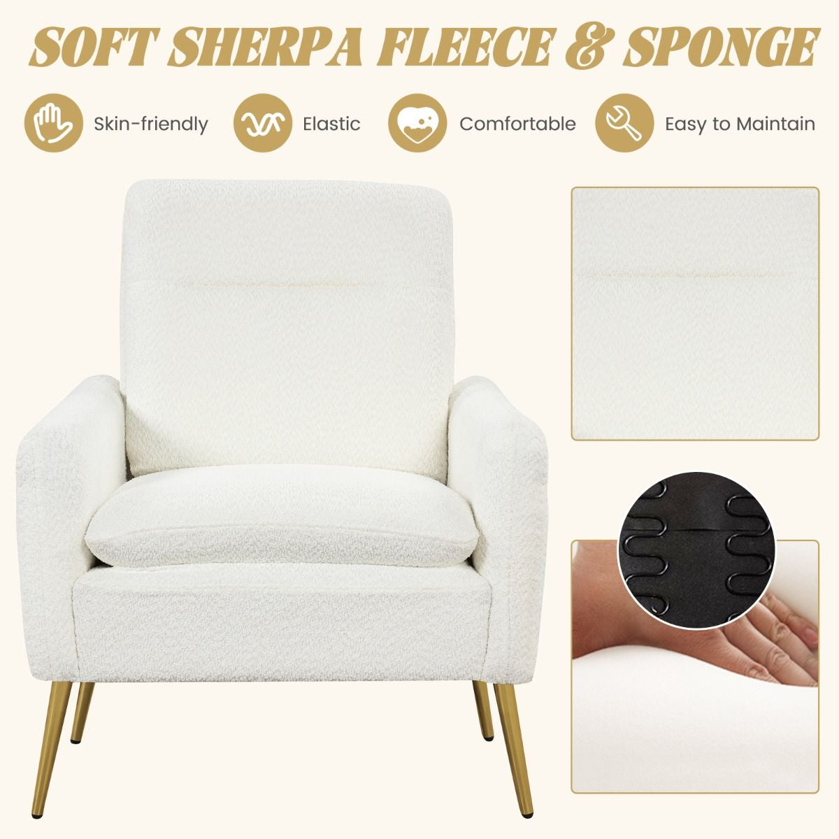 Upholstered Sherpa Armchair with Tapered Metal Legs
