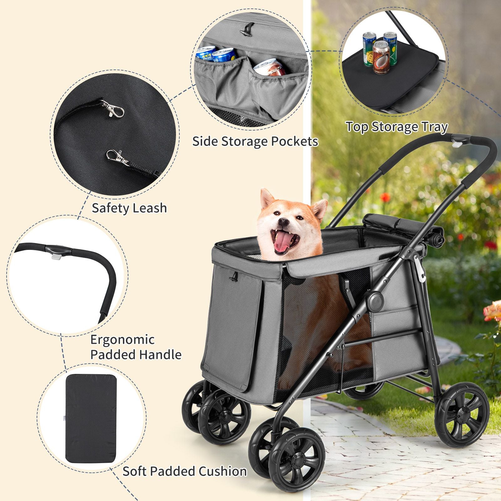 Folding Pet Stroller with Pockets and Skylight for Small Medium Pets
