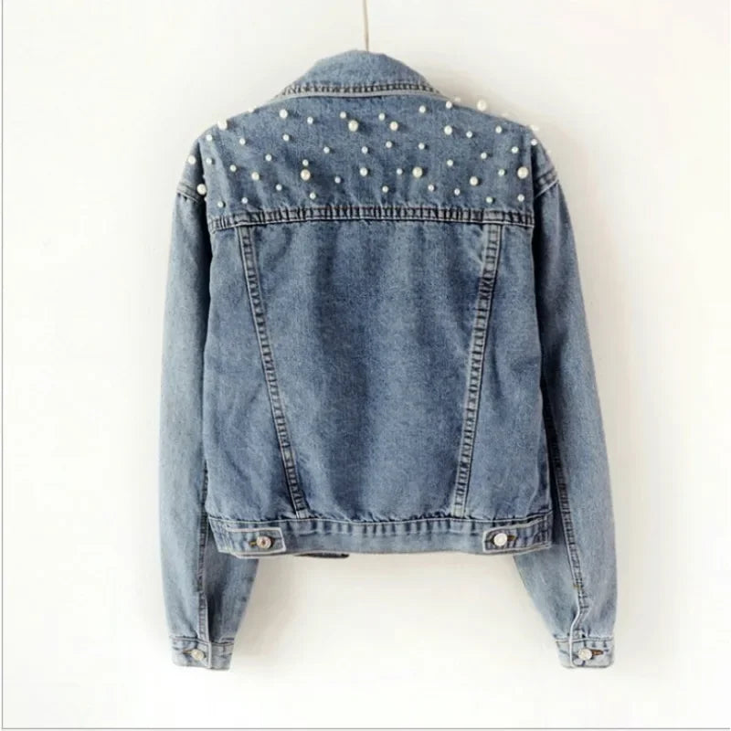 Women's Short Pearl Beaded Denim Jacket – Loose Fit Spring & Autumn Layer