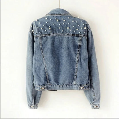 Women's Short Pearl Beaded Denim Jacket – Loose Fit Spring & Autumn Layer