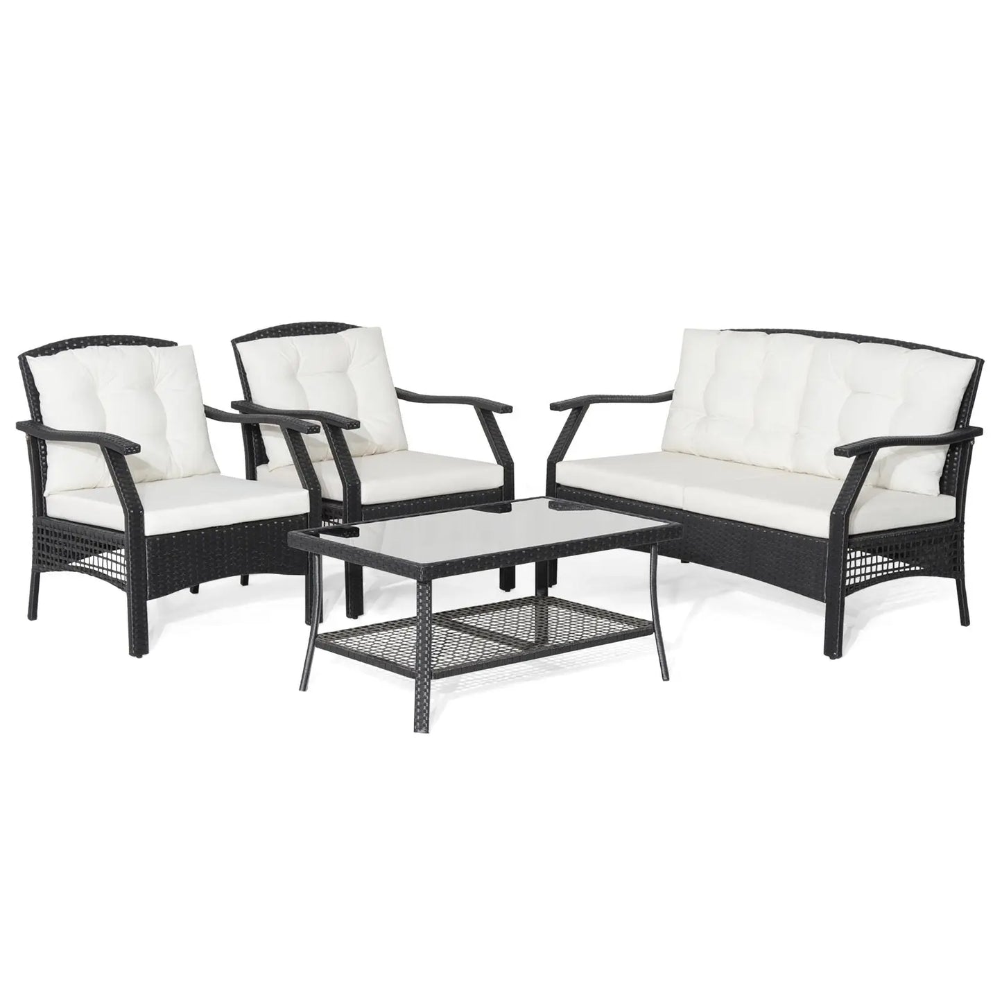 4 Pieces Patio Rattan Conversation Set with Coffee Table and Cushions - DynamicDrop Hub