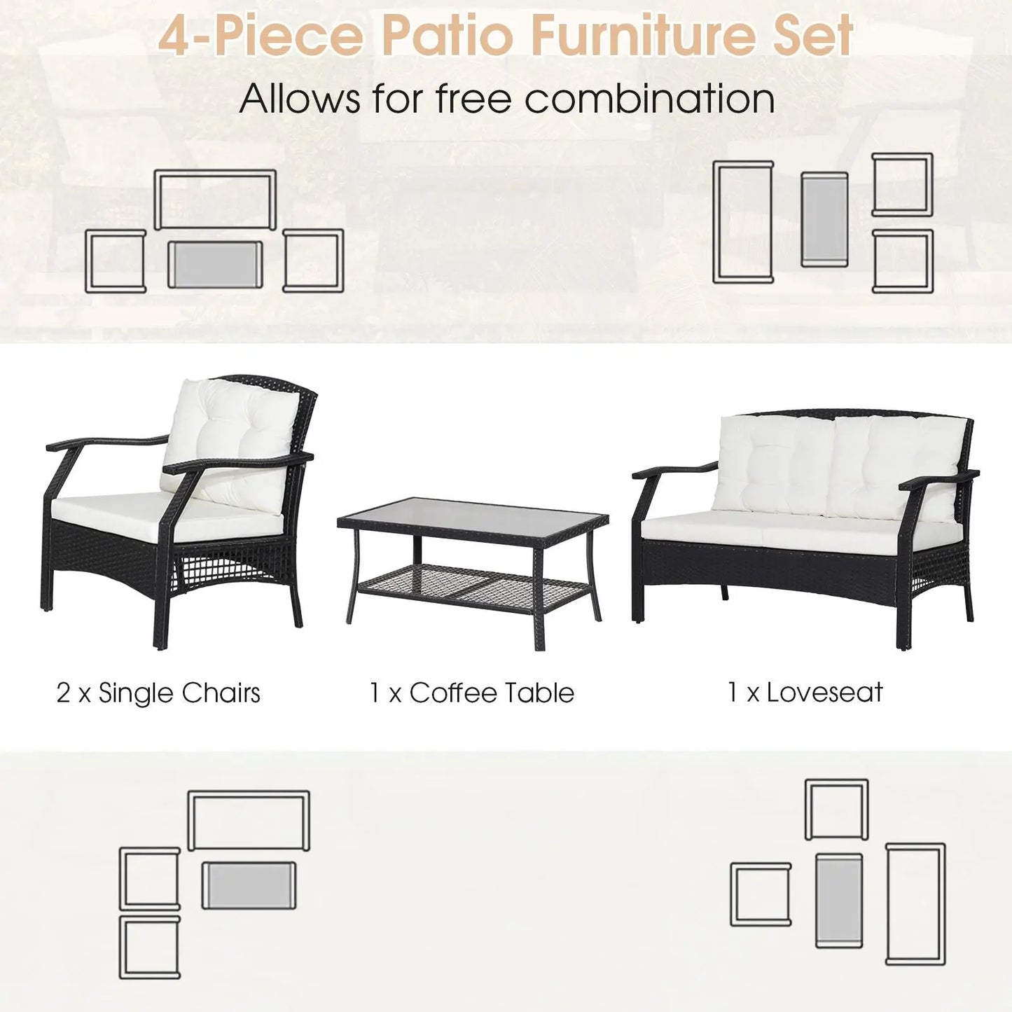 4 Pieces Patio Rattan Conversation Set with Coffee Table and Cushions - DynamicDrop Hub