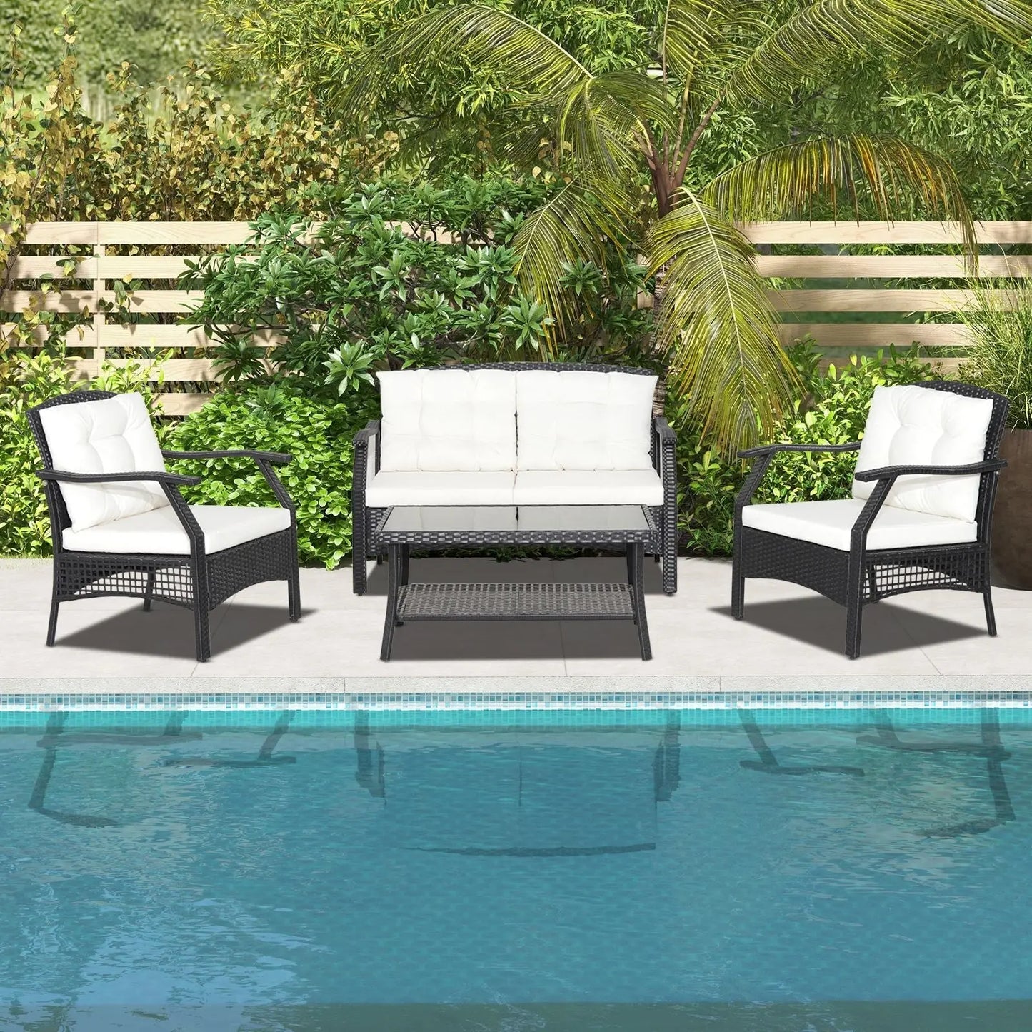 4 Pieces Patio Rattan Conversation Set with Coffee Table and Cushions - DynamicDrop Hub