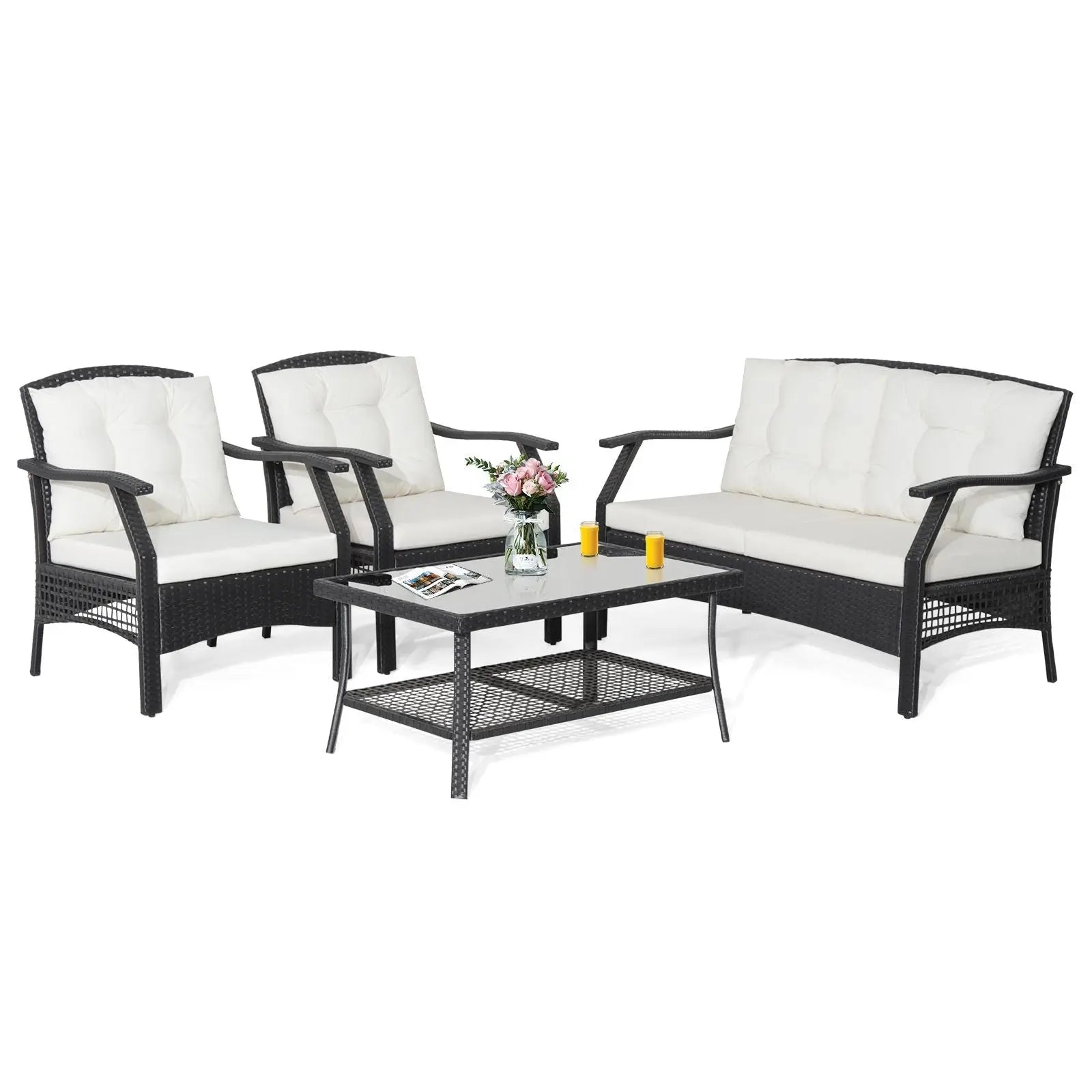 4 Pieces Patio Rattan Conversation Set with Coffee Table and Cushions - DynamicDrop Hub