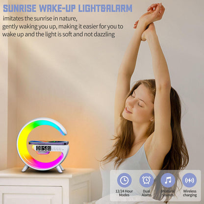 LED Smart G Lamp Wireless Charger Bluetooth Speaker RGB Alarm Clock Night Light