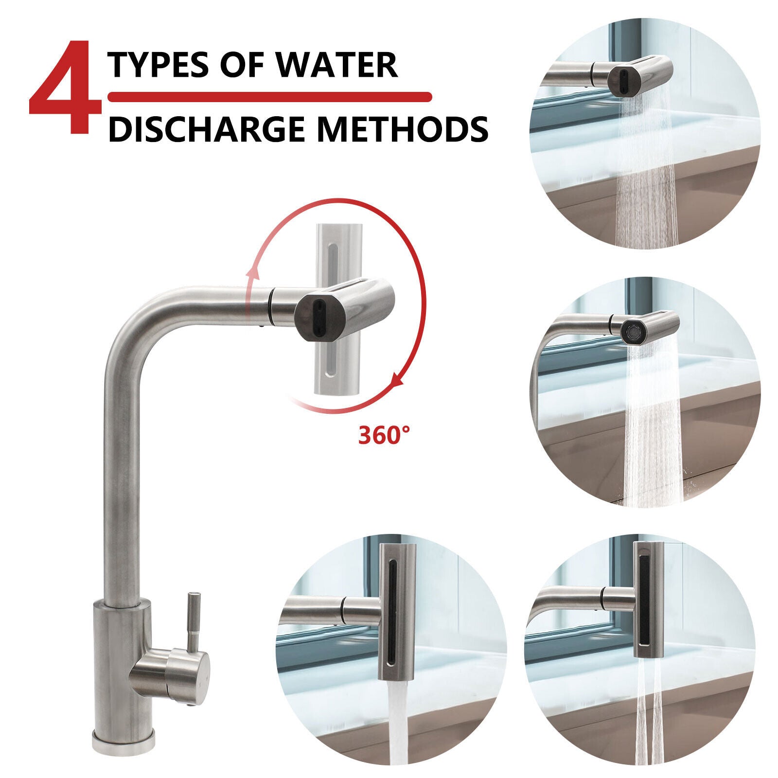 Kitchen Sink Mixer Taps 4 Mode Pull Out Spout Spray Single Lever Modern Mono Tap