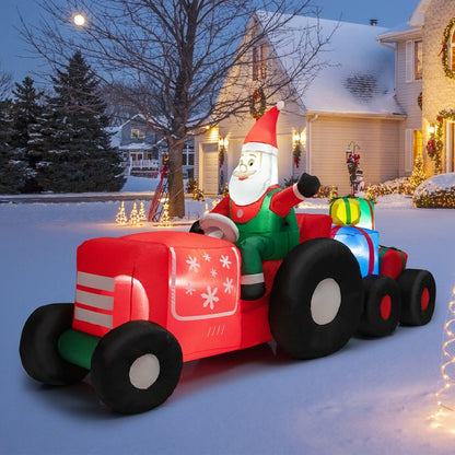 Inflatable Christmas Santa Claus Driving a Tractor with Gifts and LED Lights