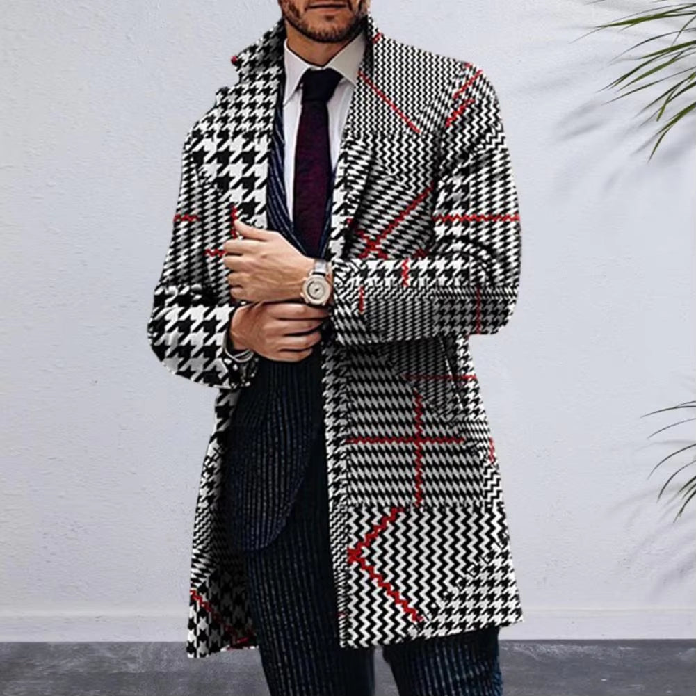 Formal Men's Geometric Pattern Plaid Lapel Trench Coat | Stylish Business Jacket for Fall & Winter