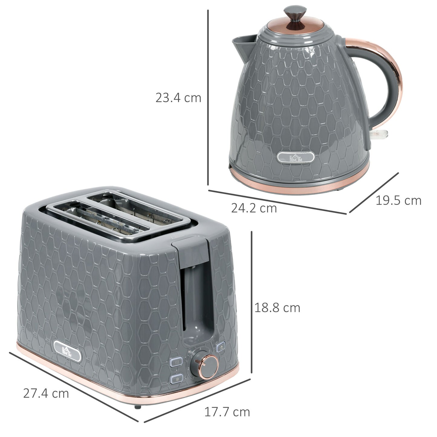 HOMCOM Kettle and Toaster Set - 1.7L Rapid Boil Kettle & Two-Slice Toaster in Grey