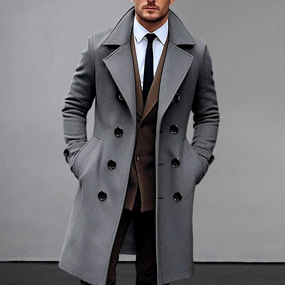 Men's Solid Color Long Woolen Coat - Lapel, Long Sleeve, Double-Breasted Windbreaker with Pockets, Mid-Length Outwear