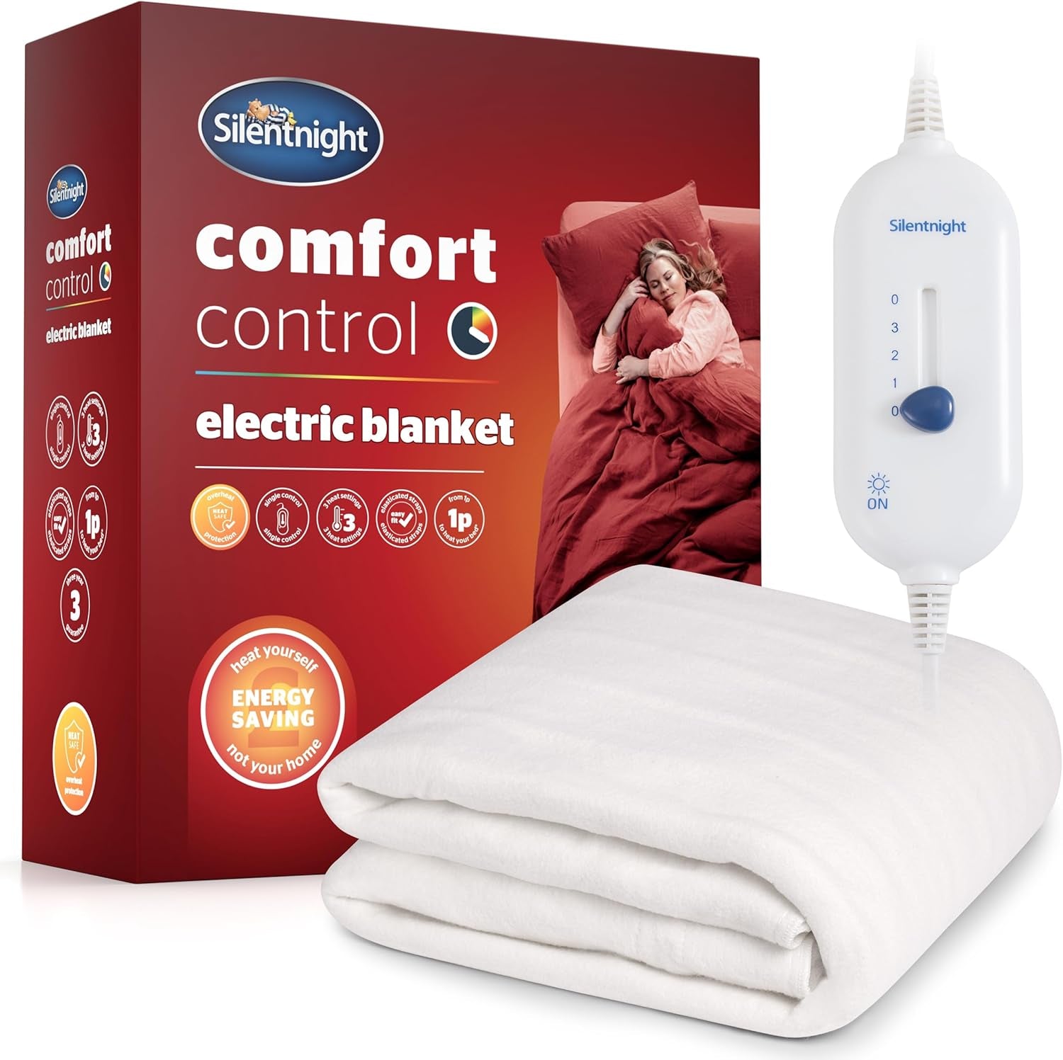 Comfort Control Electric Blanket Double - Heated Electric Underblanket with 3 Heat Settings, Fast Heat Up, Overheat Protection and Easy Fit Straps - Machine Washable - Double 135X120Cm