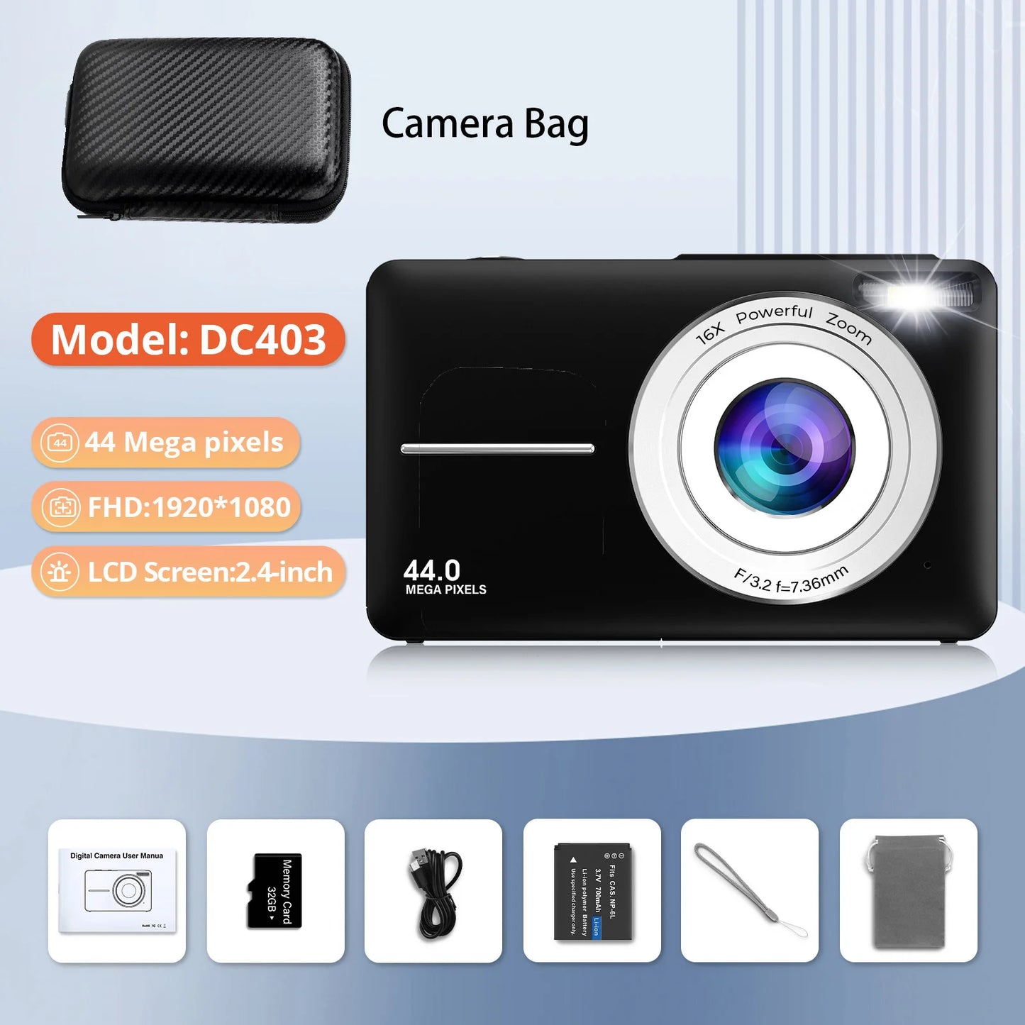 HD 1080P Digital Camera – Compact 44MP Camera with 2.4-Inch LCD Screen, 16X Zoom, and Rechargeable Battery