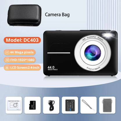 HD 1080P Digital Camera – Compact 44MP Camera with 2.4-Inch LCD Screen, 16X Zoom, and Rechargeable Battery