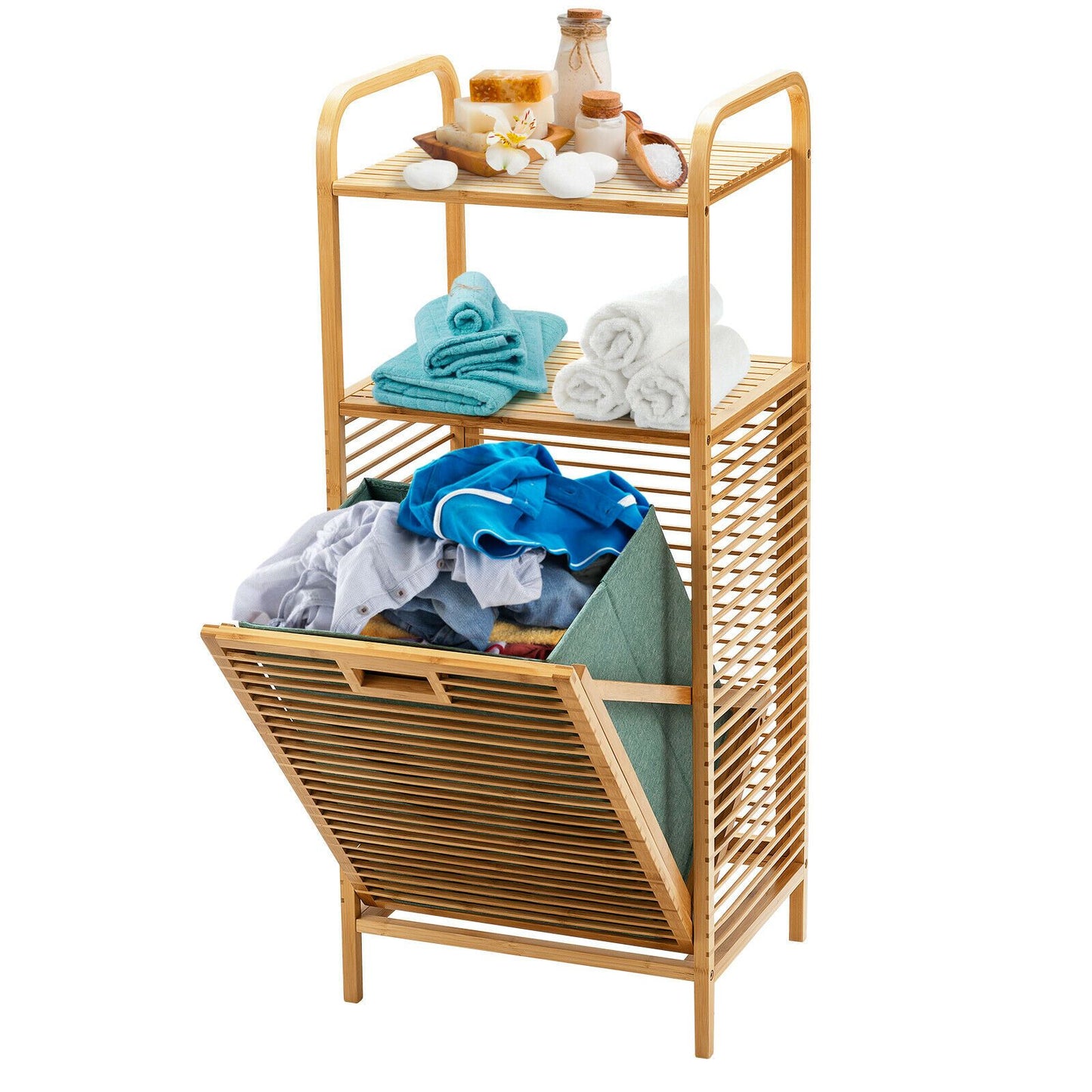 Bamboo Laundry Bin with Storage and Removable Basket