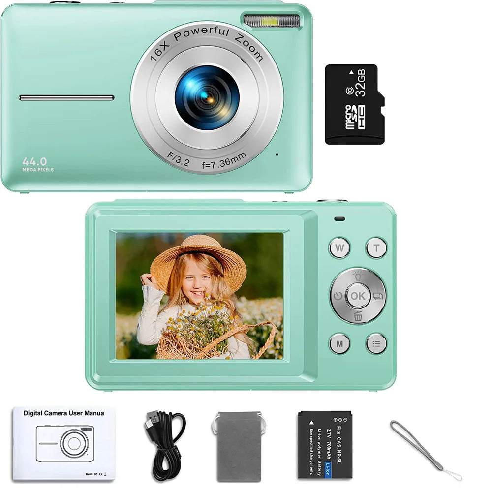 HD 1080P Digital Camera – Compact 44MP Camera with 2.4-Inch LCD Screen, 16X Zoom, and Rechargeable Battery