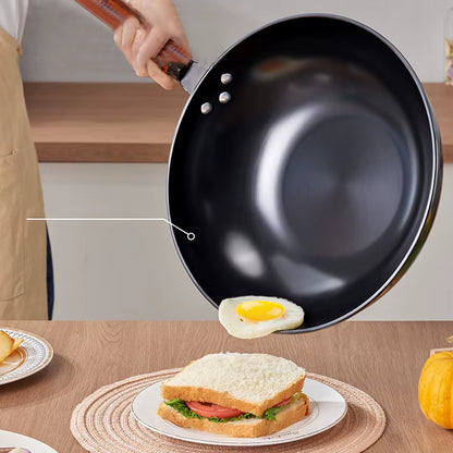 30CM Iron Frying Pan with Wooden Handle – Non-Stick Kitchen Cookware for Stir-Frying and Cooking