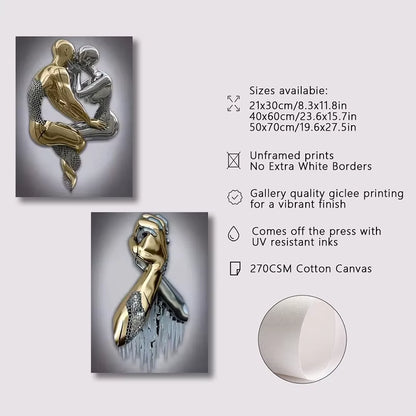 3Pcs Canvas Poster Metal Figure Statue Art Canvas Painting Decor Romantic Abstract Poster Modern Art Living Room Bedroom Decor