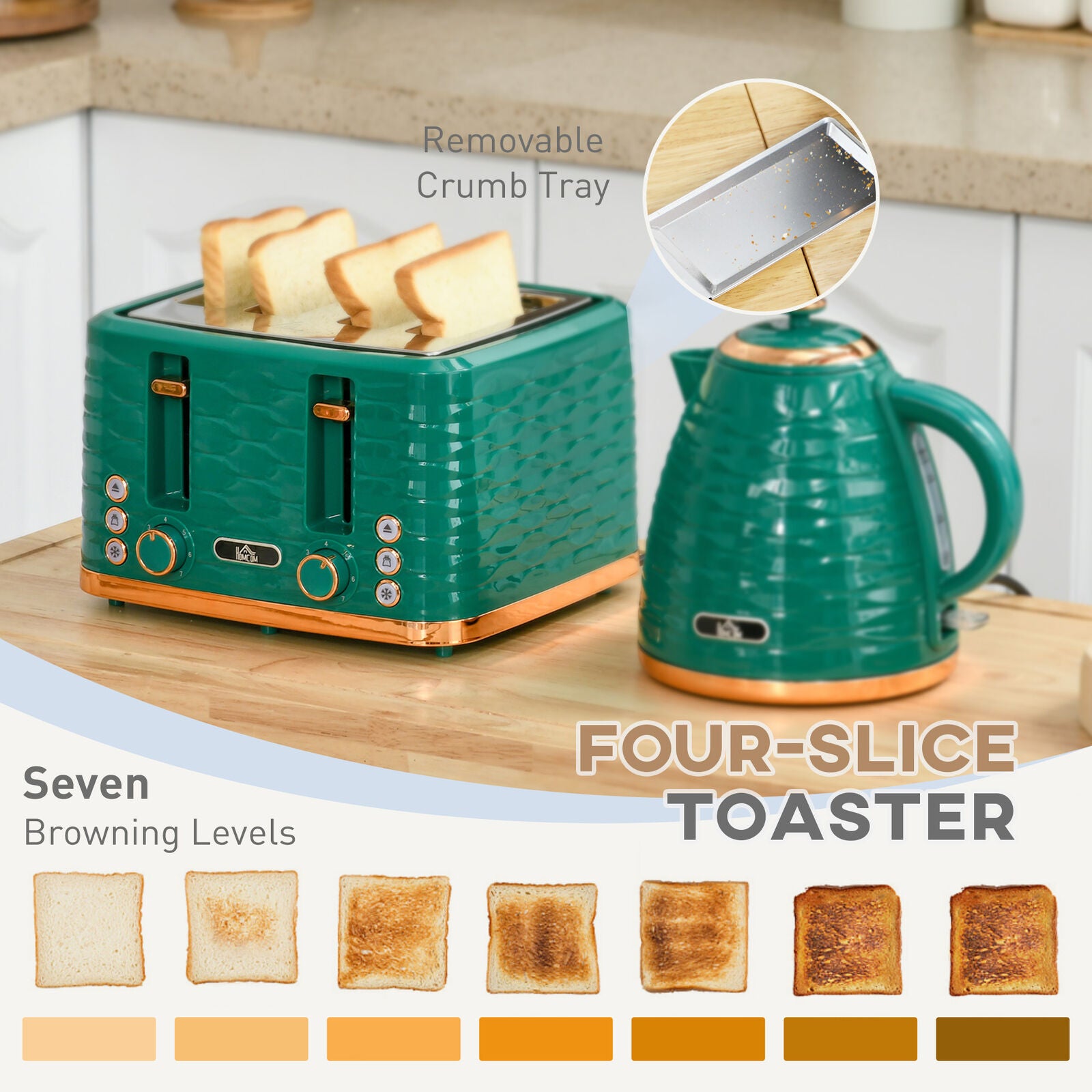 HOMCOM Kettle and Toaster Set 1.7L Rapid Boil Kettle & 4 Slice Toaster - Green